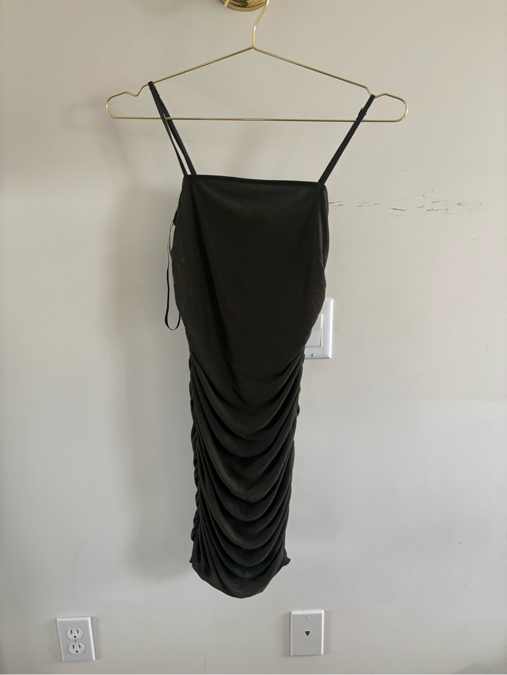 Spaghetti Strap Ruched Midi Dress - Black